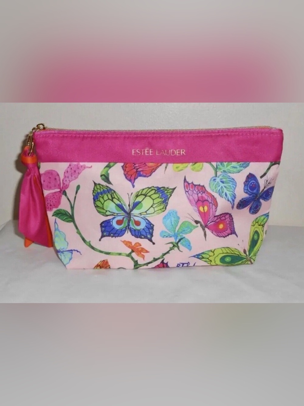 Estée Lauder Pink Butterfly Print Cosmetic Pouch with Twillie Zipper Pull !! New